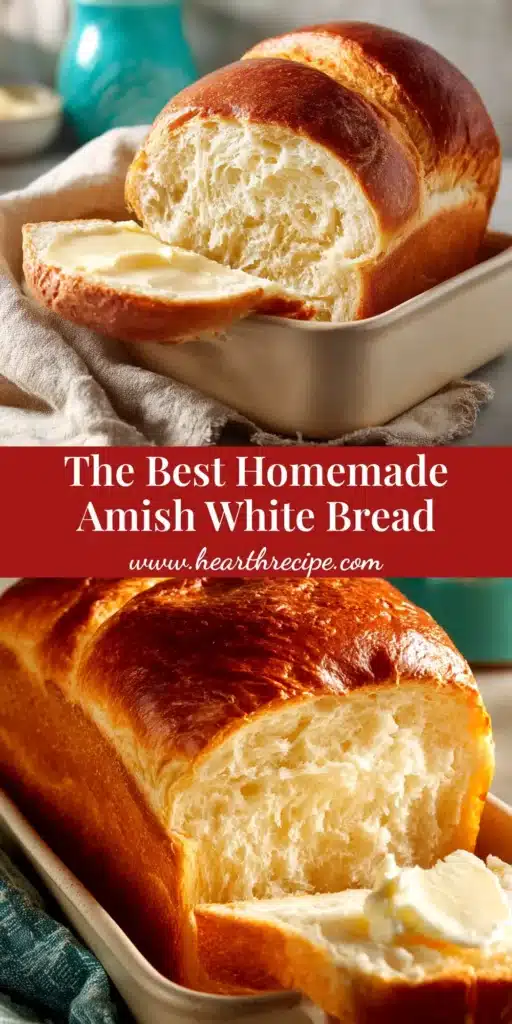 A perfectly baked loaf of Amish white bread with a golden crust, with one slice cut, ready to be shared. A simple and delicious homemade bread recipe.