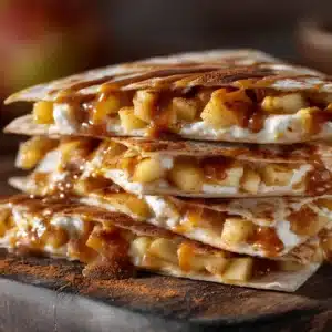An extreme close-up shot of sweet breakfast quesadillas, showing the crispy, golden-brown tortilla texture and the warm, spiced apple filling.