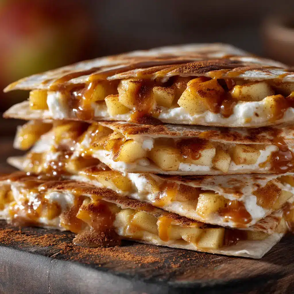 An extreme close-up shot of sweet breakfast quesadillas, showing the crispy, golden-brown tortilla texture and the warm, spiced apple filling.