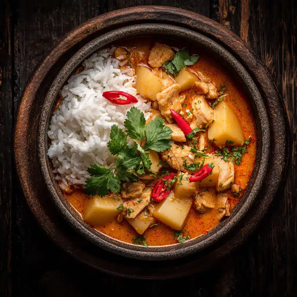A delicious bowl of aromatic Massaman curry with key ingredients like potatoes, onions, and peanuts clearly visible in the creamy sauce.