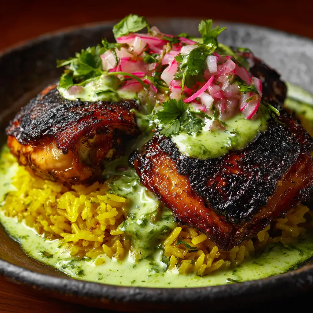 A spoonful of Arroz con Pollo Peruano, showing the fluffy rice, peas, and corn, with the chicken in the background.