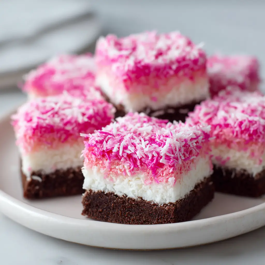 The process of sprinkling bright pink coconut over the marshmallow frosting on the uncut sheet cake.