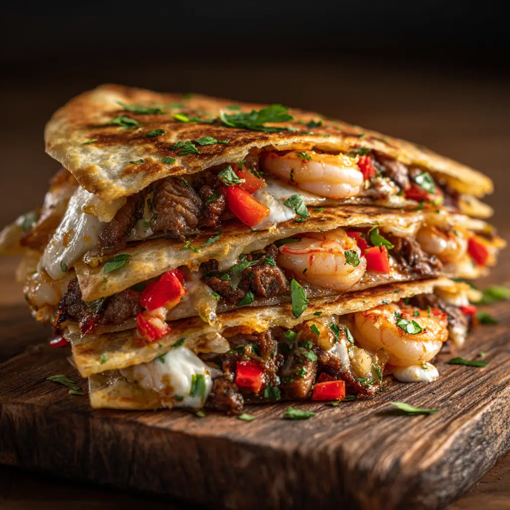 A golden-brown quesadilla being folded over a generous filling of Creole steak, shrimp, and melted cheese.