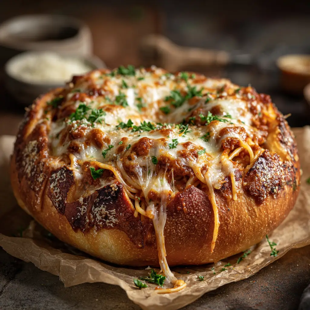 The process of assembling the pasta in a bread bowl, showing the toasted garlic bread bowl being filled with saucy spaghetti.