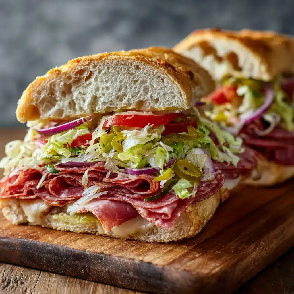 Assembling the Italian Grinder Salad Sandwich, with layers of salami, pepperoni, and ham on toasted bread with melted provolone cheese.