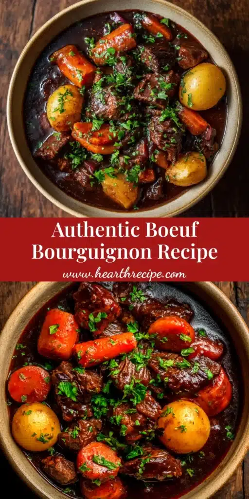 A rich and savory Boeuf Bourguignon served in a rustic bowl, showcasing tender beef, mushrooms, and pearl onions in a deep red wine sauce. The perfect classic French beef stew recipe.