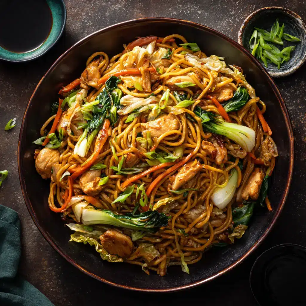 A beautiful platter of authentic chicken chow mein, garnished with fresh green onions and ready to be served.