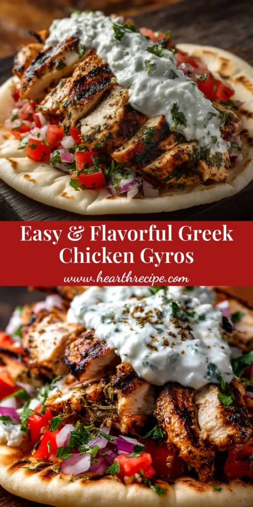 An authentic Greek Chicken Gyros recipe shown with juicy chicken, fresh vegetables, and creamy tzatziki sauce wrapped in a soft pita.