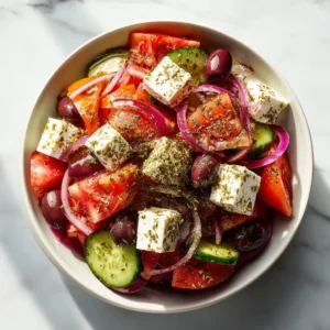 An overhead view of a freshly made authentic Greek Horiatiki Salad, highlighting the chunky, fresh vegetables like tomatoes and cucumbers without any lettuce.