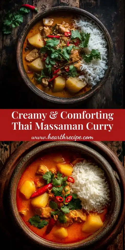 A beautiful overhead shot of a bowl of authentic Massaman Curry Recipe, featuring tender chicken, potatoes, and peanuts in a rich, aromatic coconut sauce. Perfect for Pinterest sharing.