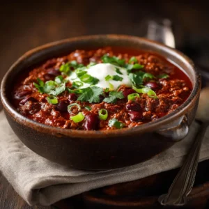A rustic ceramic bowl filled with hearty, no-bean beef chili, garnished with a dollop of sour cream and chopped green onions. The chili is shown from an overhead angle.