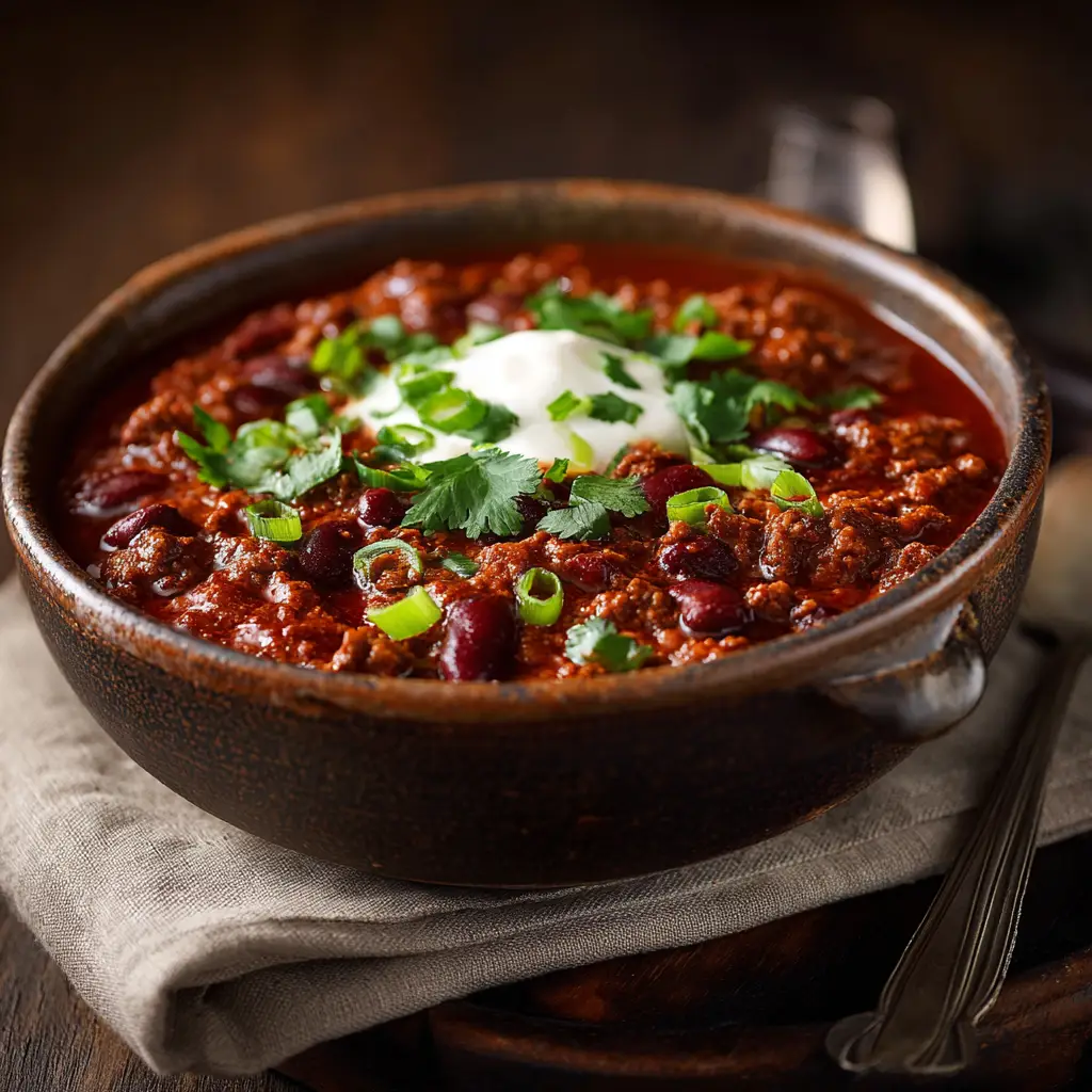 A rustic ceramic bowl filled with hearty, no-bean beef chili, garnished with a dollop of sour cream and chopped green onions. The chili is shown from an overhead angle.