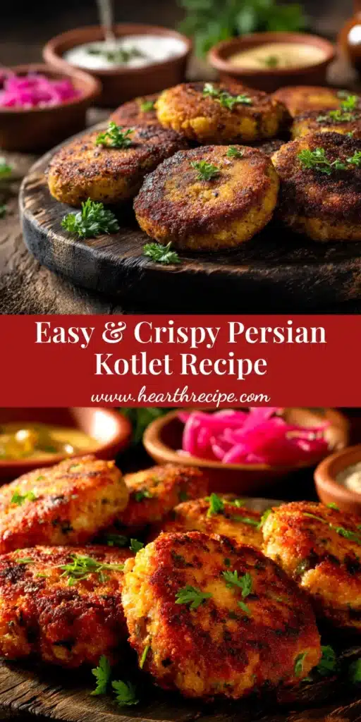 A platter of golden-brown, crispy Persian Kotlet, a traditional Iranian meat patty. This easy Persian Kotlet recipe is perfect for a delicious family dinner.