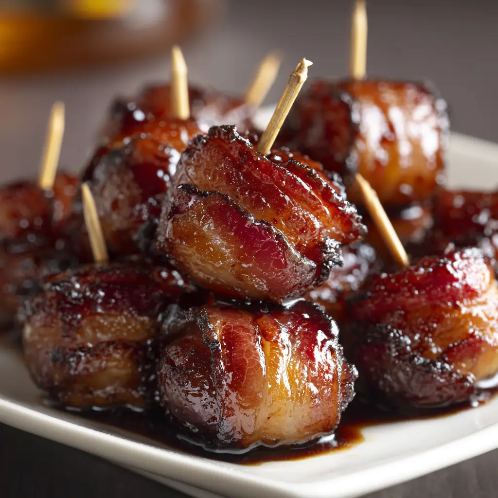 A baking sheet full of bacon wrapped water chestnuts fresh out of the oven, arranged neatly in rows and ready to be served.