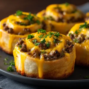 A platter of freshly baked ground beef roll ups, showcasing the golden crescent crust and a sprinkle of sesame seeds.