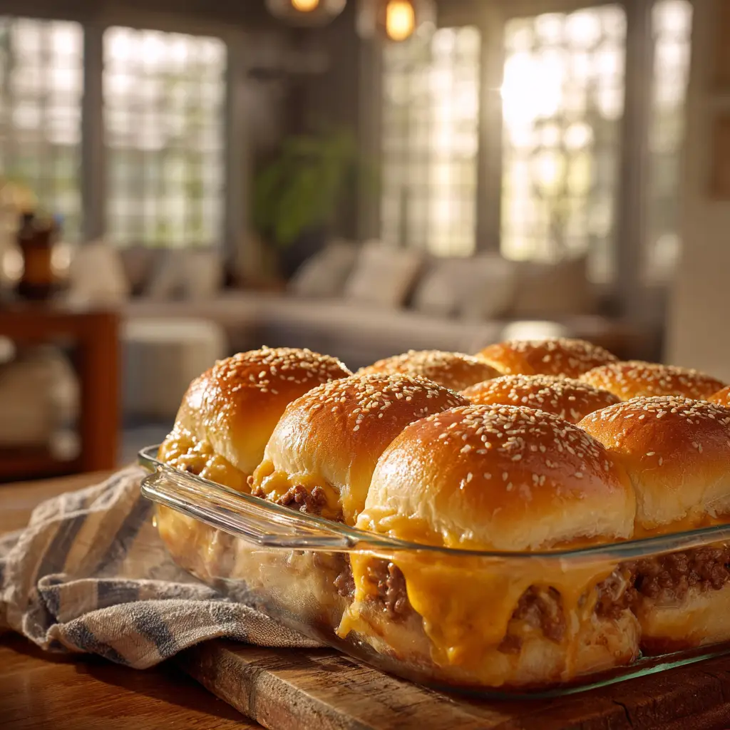 A freshly baked tray of cheeseburger sliders with golden-brown tops sprinkled with sesame seeds, ready to be served for a party.