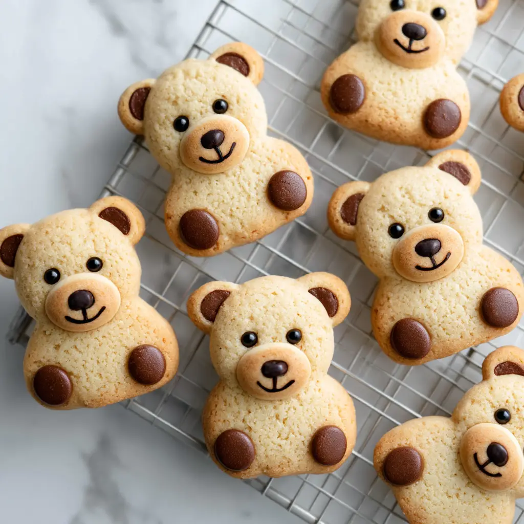 A close-up of freshly baked Chocolate Chip Bear Cookies cooling on a wire rack, showing their defined shape.