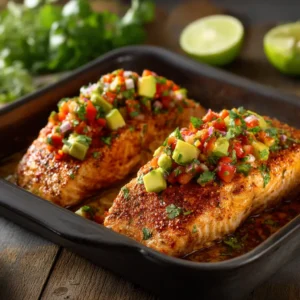A close-up of two baked cilantro lime salmon fillets on a baking sheet, showcasing the tender, flaky texture and fresh cilantro topping.