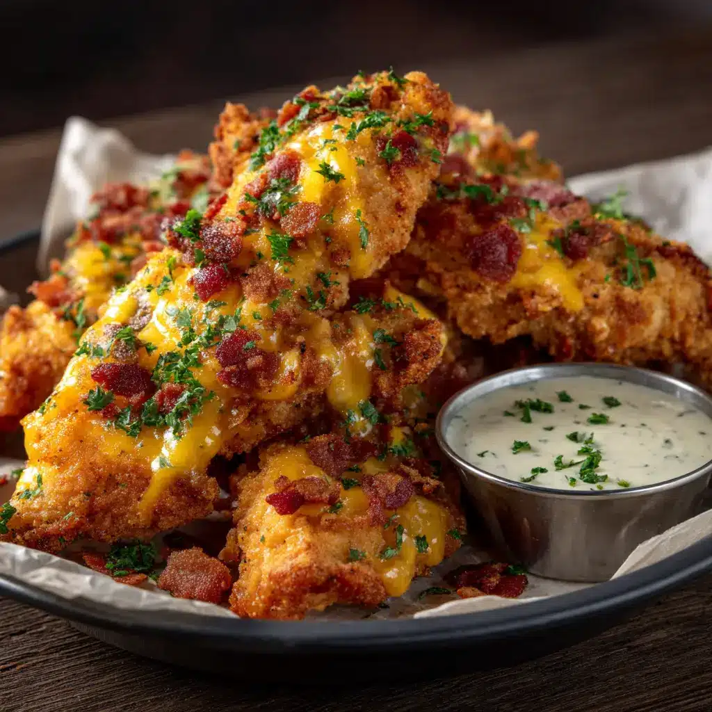 Crack Chicken Tenders (The Only Recipe You'll Ever Need) 2 A close-up shot of baked crack chicken tenders in a baking dish, showing the bubbly melted cheese and crispy bacon topping before being garnished.