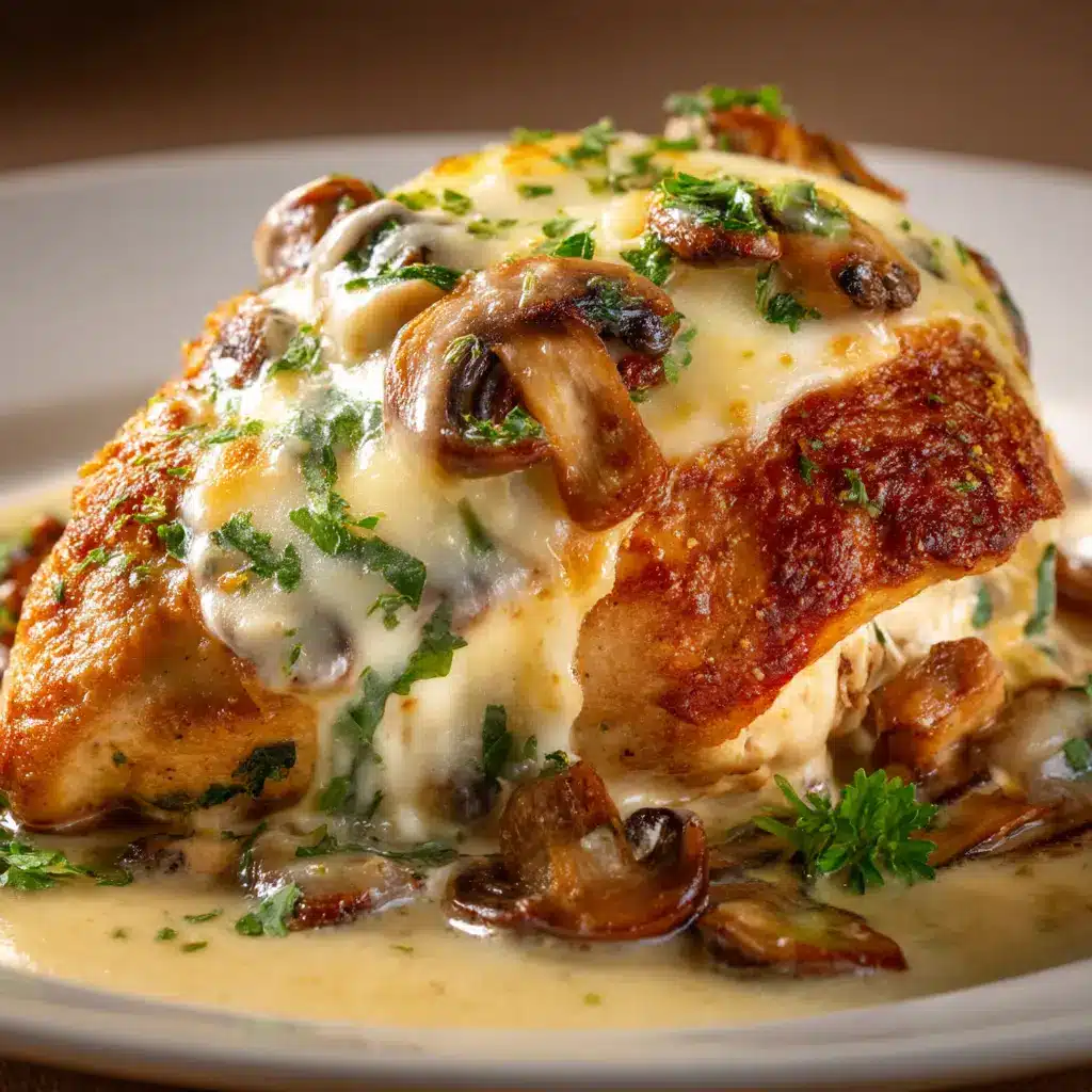 A baked stuffed chicken breast fresh out of the oven, garnished with fresh parsley. The focus is on the golden crust and juicy appearance of the final dish.