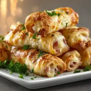 A close-up shot of baked ham and cheese roll ups, showing the flaky layers of puff pastry and melted cheese.