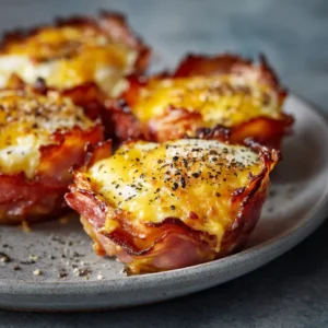A close-up view of a single baked egg cup, showing the perfectly cooked egg, melted cheese, and crispy ham edge.