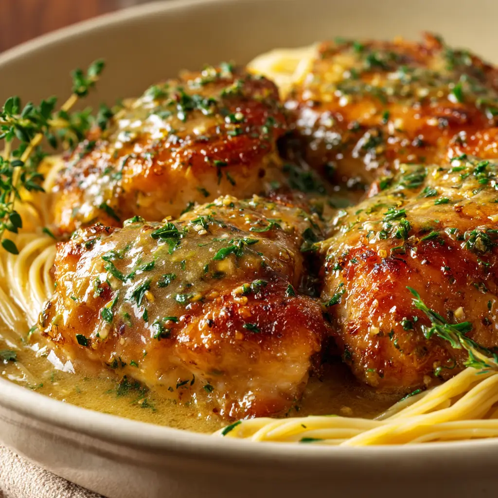 A shot of the baked angel hair pasta chicken casserole in a baking dish, ready to be served for a family dinner.