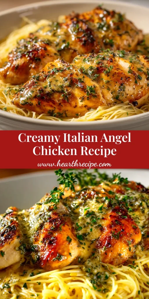 A delicious serving of Baked Italian Angel Chicken in a white dish, showing the creamy sauce and golden-brown top. The ultimate easy weeknight recipe.