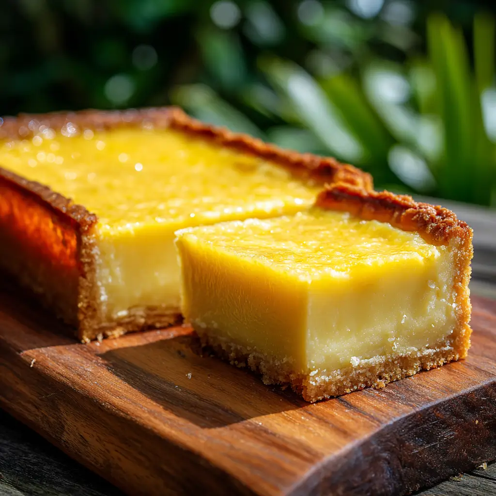 The fully baked Italian Lemon Custard Cake, golden brown on top, cooling in the pan before being chilled. The smooth top indicates a successful bake.