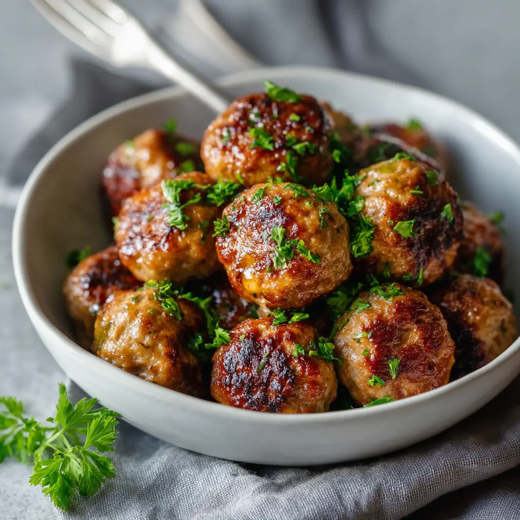 Golden brown oven baked meatballs arranged on a parchment-lined baking sheet fresh out of the oven. A demonstration of how to cook meatballs in the oven.