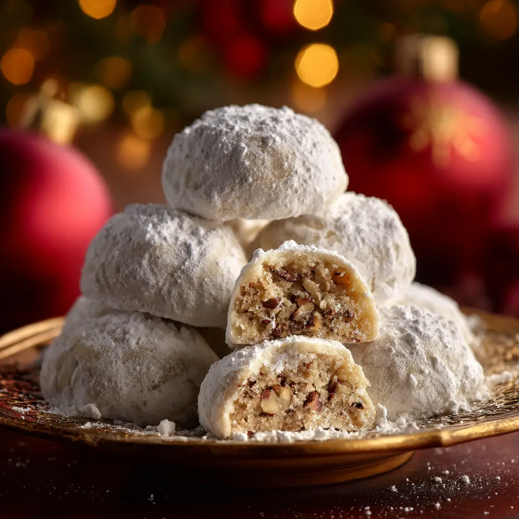 Mexican Wedding Cookies: The Ultimate Buttery Pecan Recipe 1 A plate of freshly baked Mexican Wedding Cookies before being rolled in powdered sugar, showing their light golden bottoms.