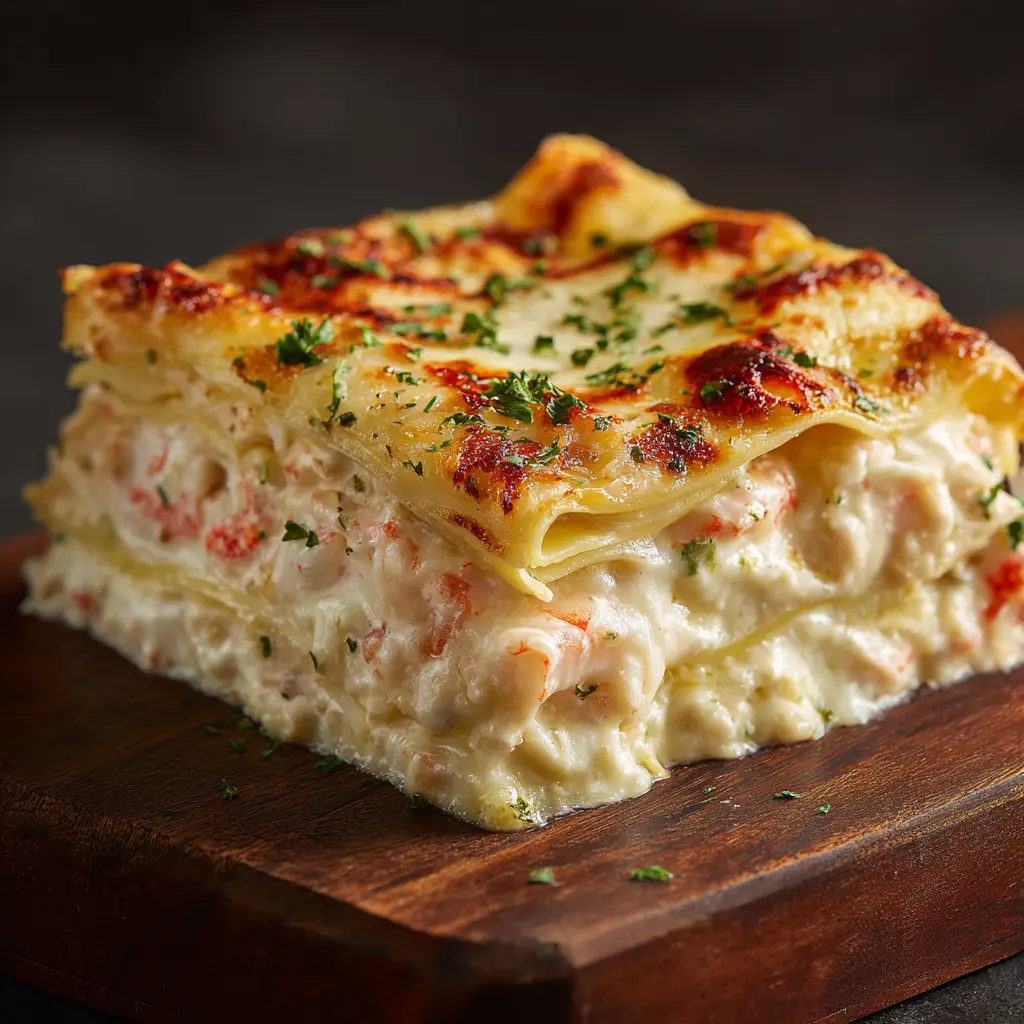 A full 9x13 inch baking dish of baked seafood lasagna with alfredo sauce, showing a bubbly, golden-brown cheese topping and garnished with herbs.