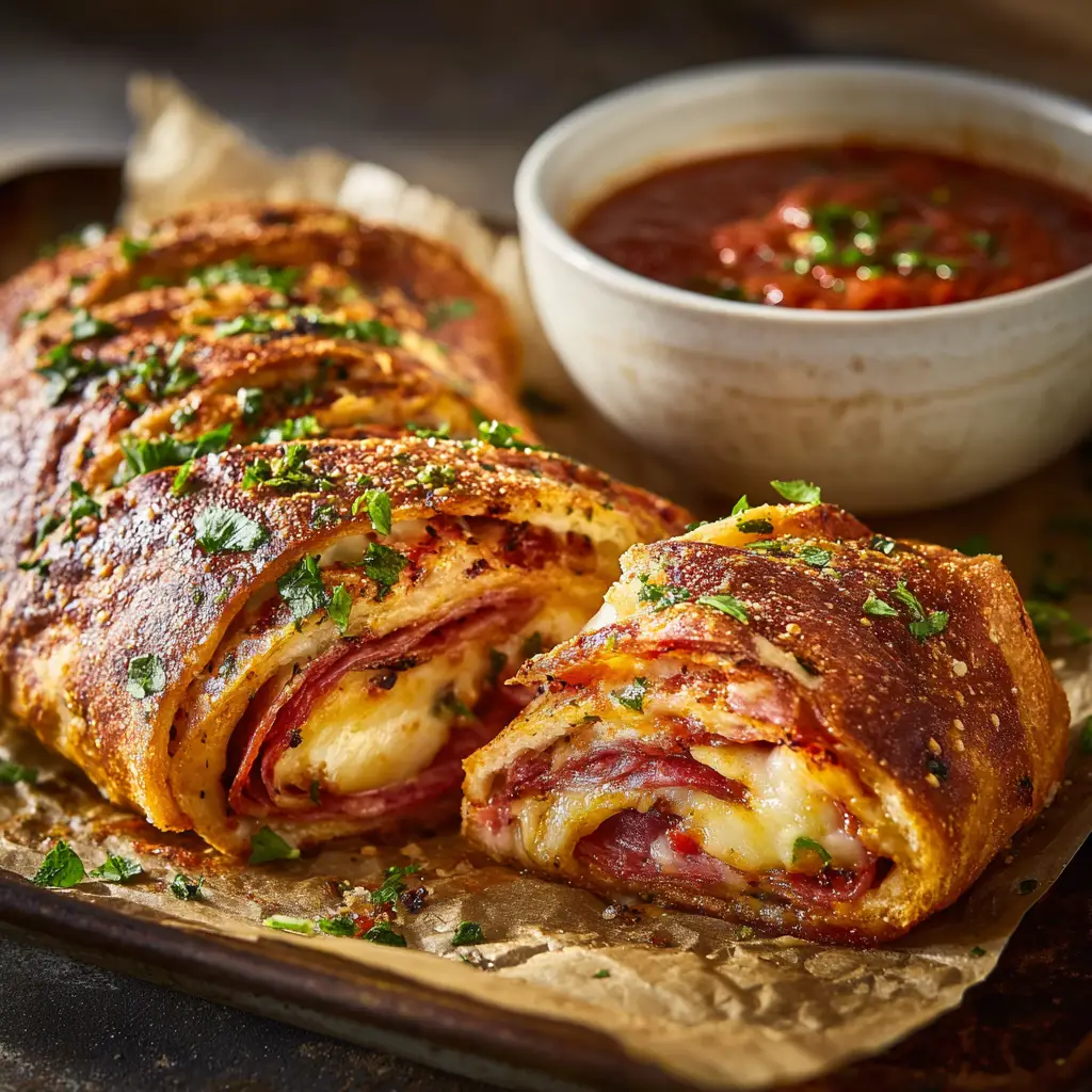 A whole, uncut stromboli with a golden-brown crust, fresh out of the oven on a baking sheet, ready to be sliced and served.
