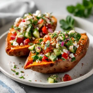 Two perfectly roasted sweet potatoes sliced open on a baking sheet, showing their fluffy orange flesh before being stuffed.