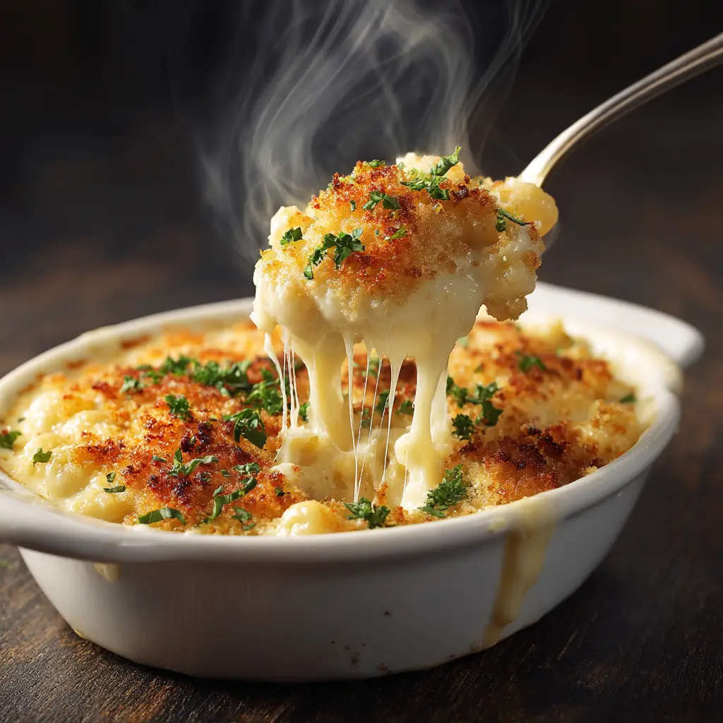 A serving of homemade white cheddar mac and cheese in a white bowl, ready to be eaten. The top is golden and bubbly.