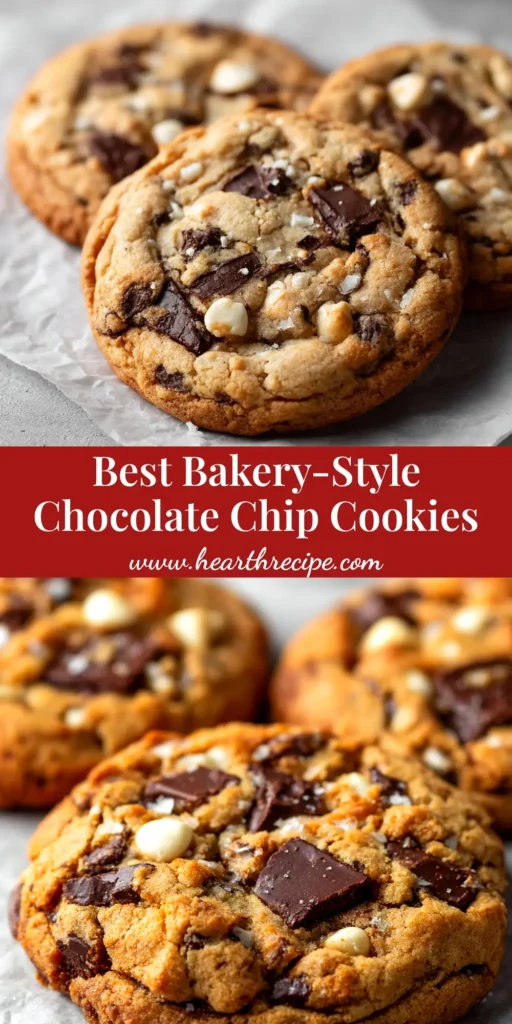 A close-up of thick, golden brown bakery-style chocolate chip cookies stacked on a wire rack, with one broken in half to show the gooey, melted chocolate center.