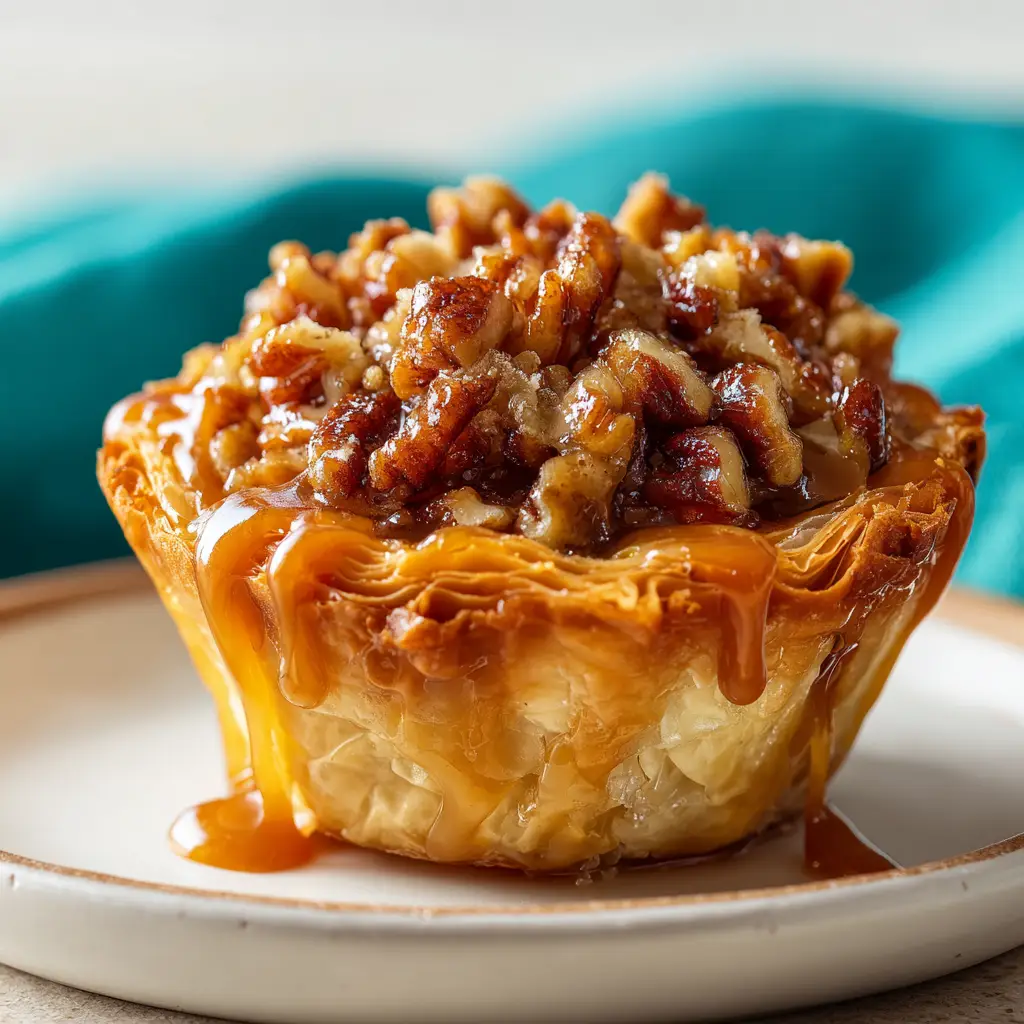 A beautiful shot of several caramel pecan baklava cups in a mini muffin tin, fresh out of the oven and glistening with syrup.
