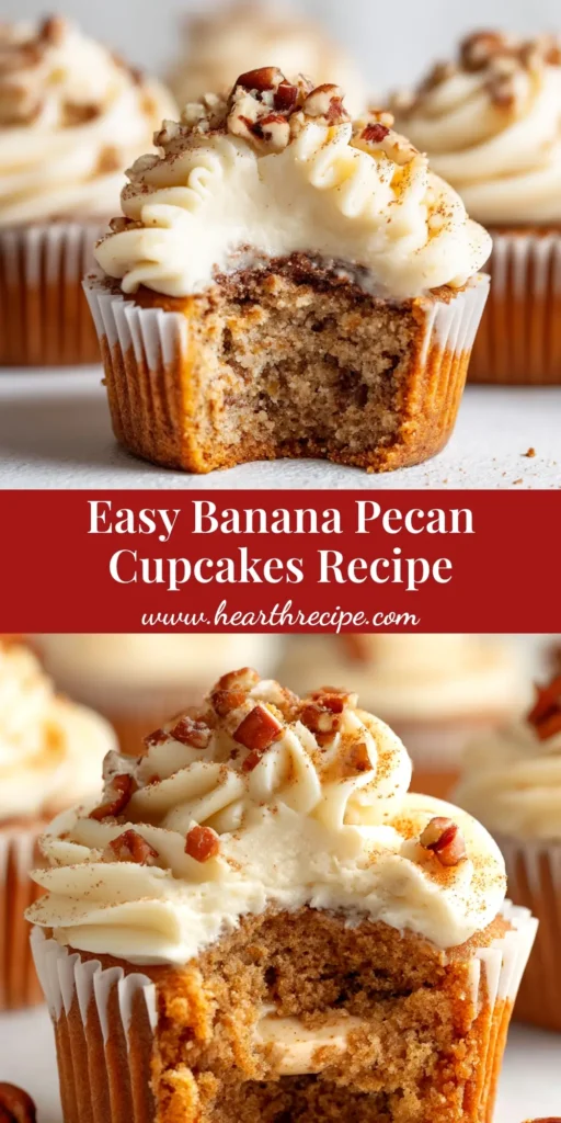 Banana Pecan Cupcakes with Brown Butter Frosting 3 A beautiful overhead shot of finished Banana Pecan Cupcakes, with one perfectly frosted cupcake in focus, topped with a pecan half, ready to be pinned.