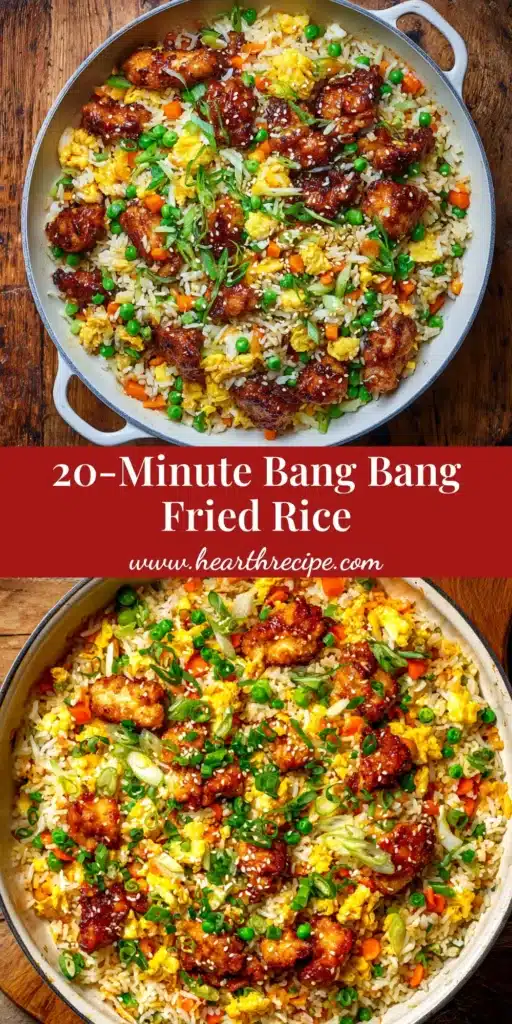 A delicious bowl of homemade Bang Bang Fried Rice, featuring shrimp and vegetables coated in a creamy, spicy sauce. The perfect easy weeknight dinner recipe to save on Pinterest.
