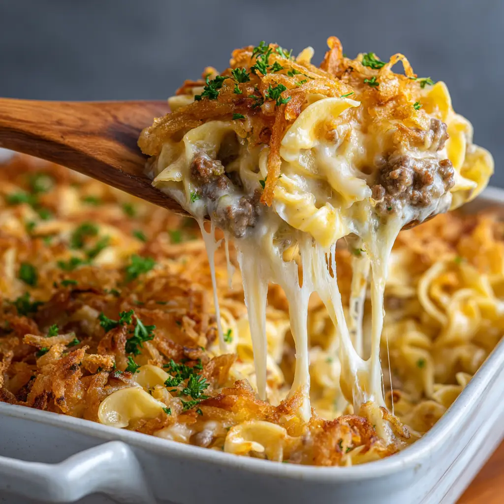 The French Onion Beef Casserole mixture simmering in a skillet before being transferred to the baking dish.