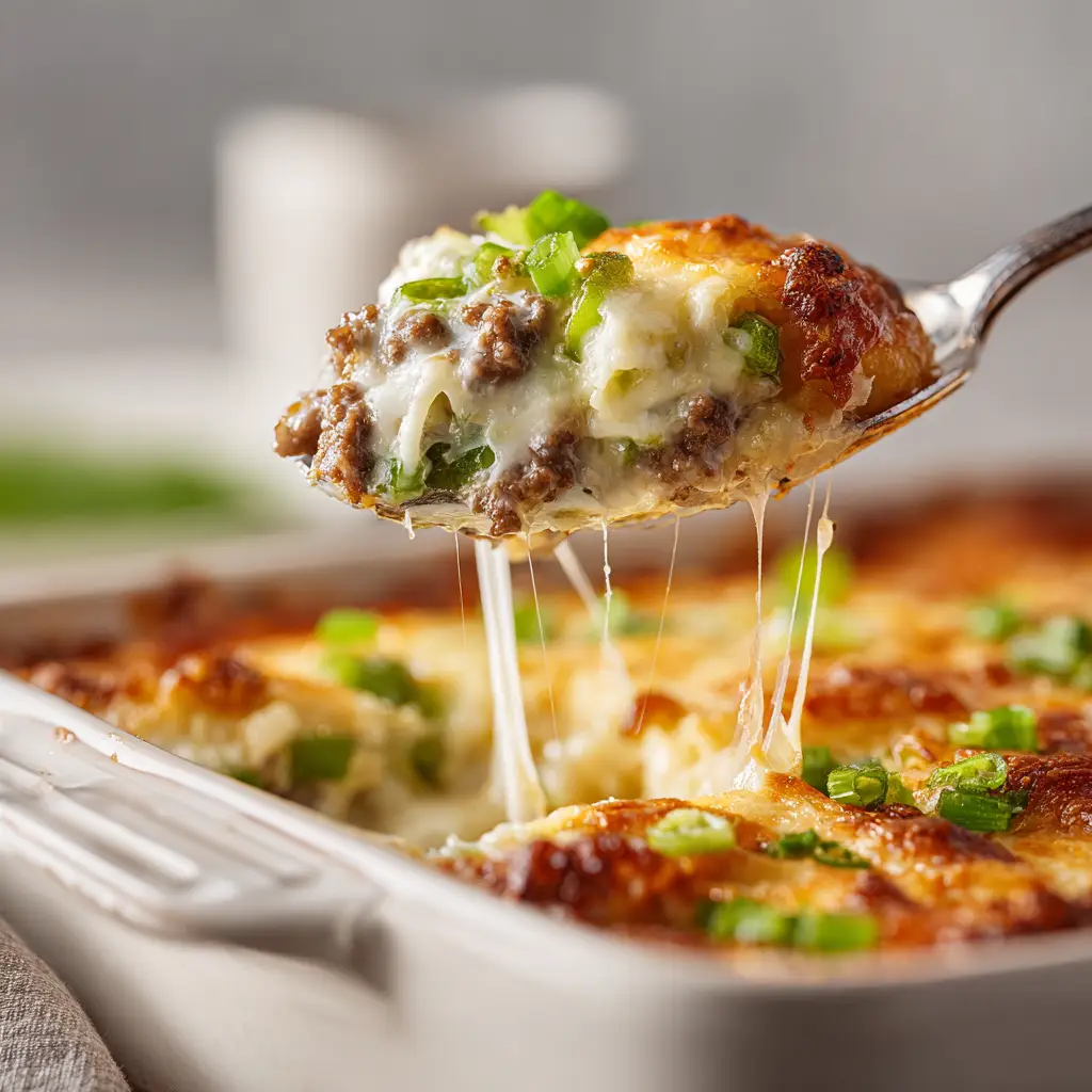 The one-pan beef casserole with peppers and onions before being topped with cheese, showcasing the vibrant colors of the ingredients.