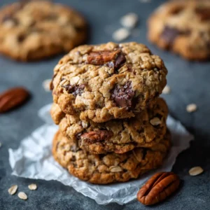 An overhead shot of a stack of three gluten-free oatmeal cookies, highlighting their soft and chewy texture.