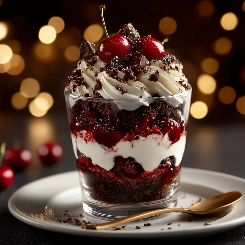 A spoon digging into a beautiful Black Forest Trifle, revealing the rich and creamy texture of the combined layers of brownie, cherries, and cream.