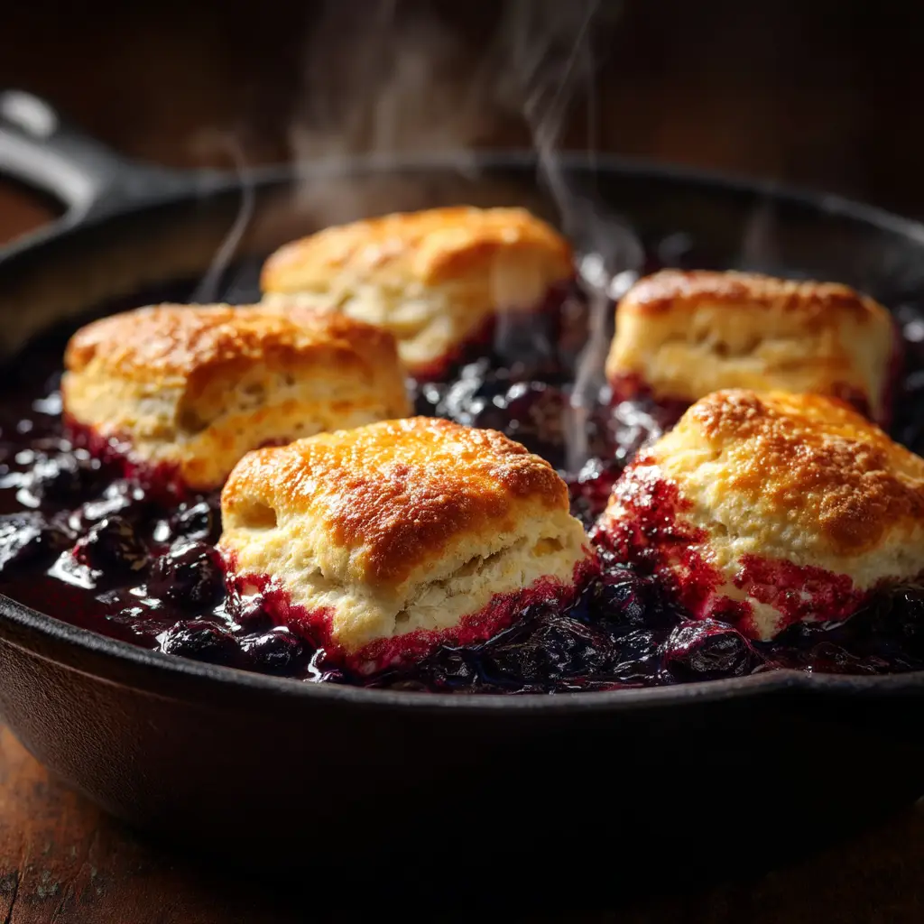 The soft and fluffy interior of a butter swim biscuit being pulled apart, revealing tender crumbs and cooked blueberries inside.