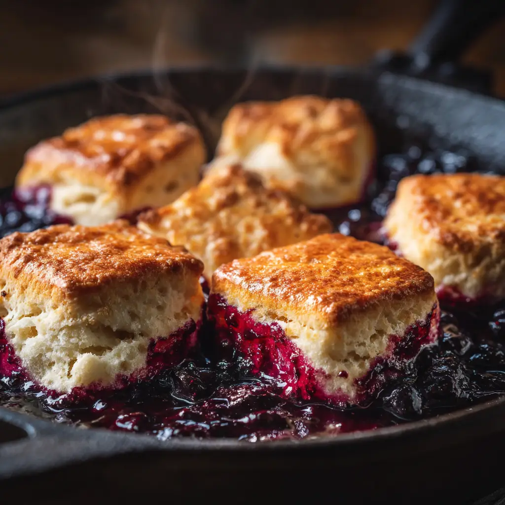 A close-up shot of a freshly baked blueberry butter swim biscuit, highlighting the crispy golden edges and a juicy blueberry bursting from the top.