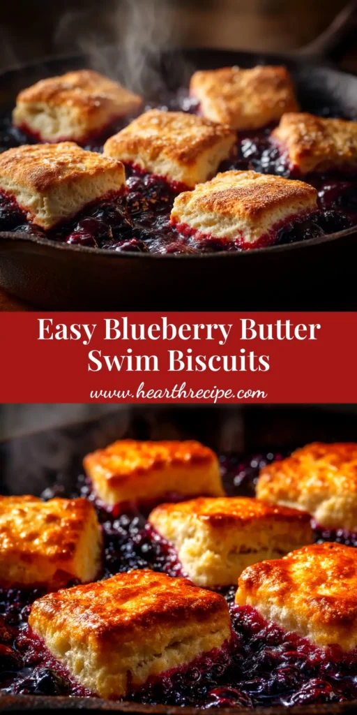 A pan of golden brown Blueberry Butter Swim Biscuits fresh from the oven, with one biscuit being lifted out, showcasing the fluffy interior and buttery crust.