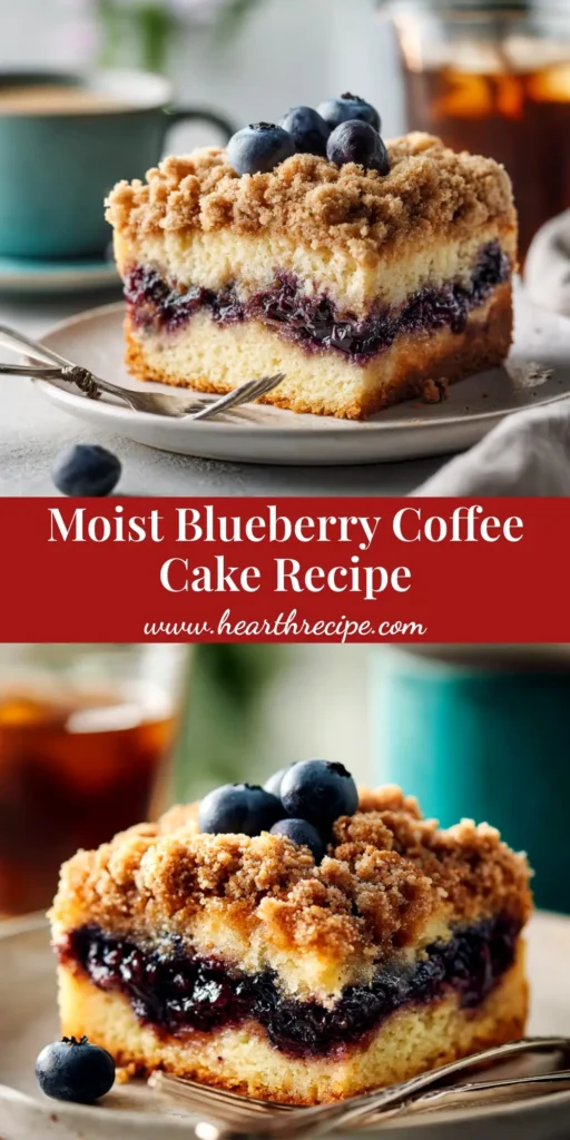 A delicious slice of blueberry coffee cake on a white plate, showcasing a moist crumb, juicy blueberries, and a thick cinnamon streusel topping. A cup of coffee sits in the background.