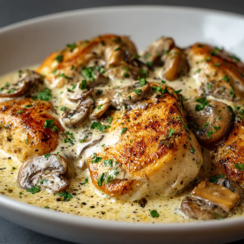 A serving of Boursin chicken on a plate next to pasta, showing a complete and delicious weeknight dinner idea.