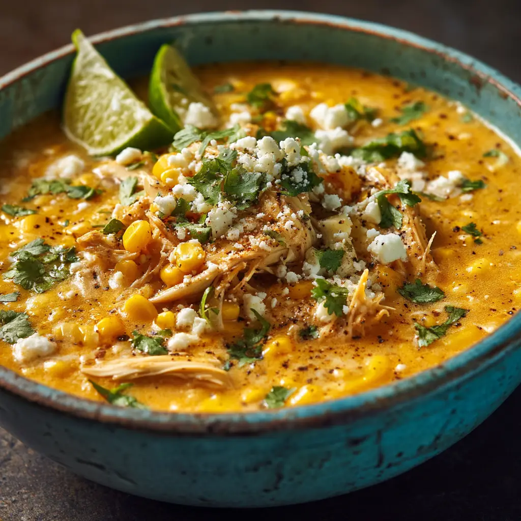 A rustic light blue ceramic bowl filled with slow cooker Mexican street corn soup, topped with fresh cilantro and cotija cheese.