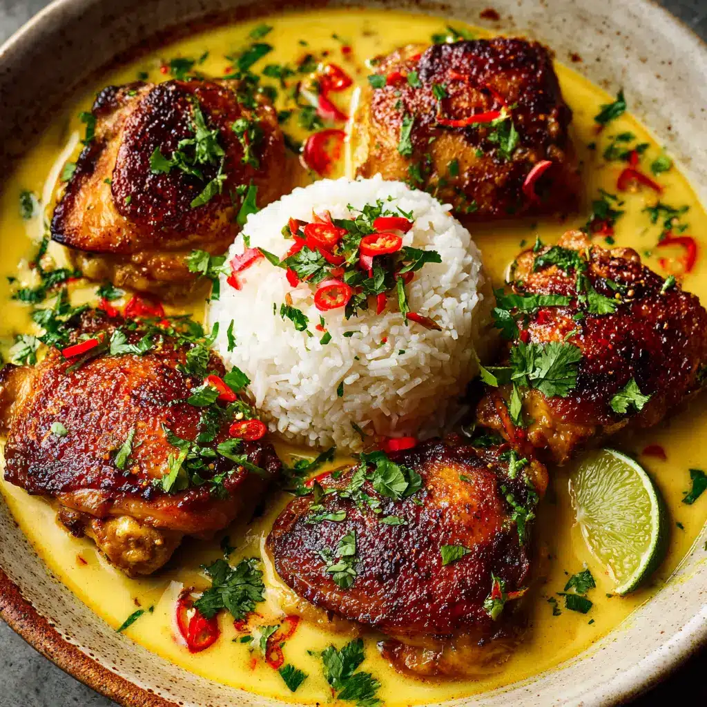 A final plated dish of Brazilian Coconut Chicken served over fluffy white rice and garnished with fresh cilantro and a lime wedge.